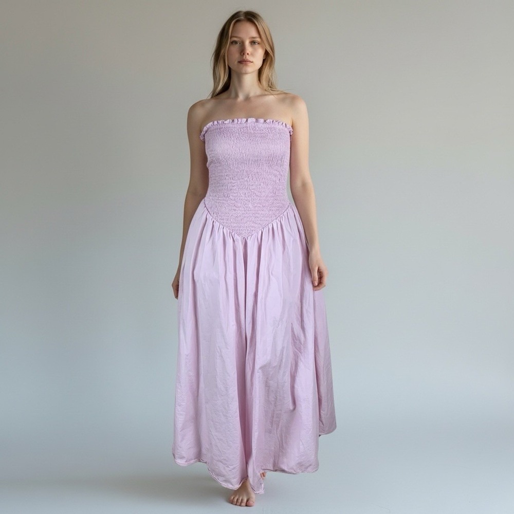GLAMOROUS Pink Smocked Strapless Midi Dress Cottagecore Romantic Summer 6